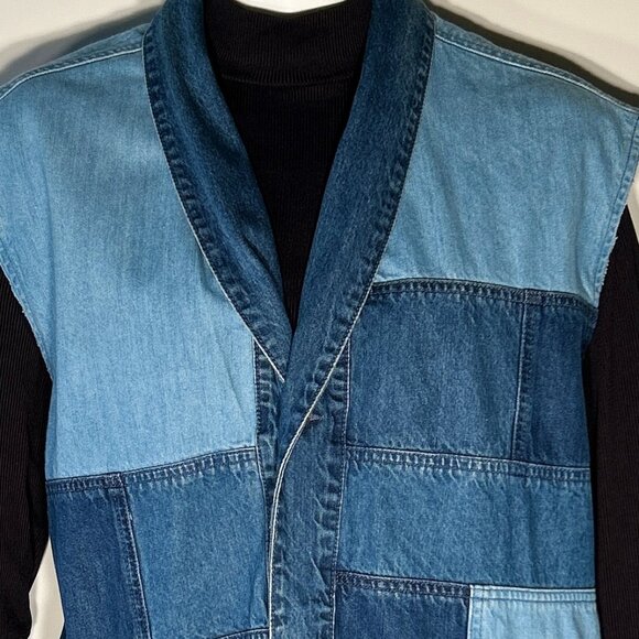 Sun + Stone Mens SZXXL Blue Jean Denim Patchwork Vest Street Style Western Retro - Picture 3 of 10